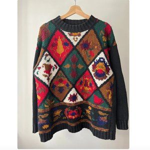 1990s Hand Knit Patchwork Sweater | Vintage Embroidered Nature Jumper